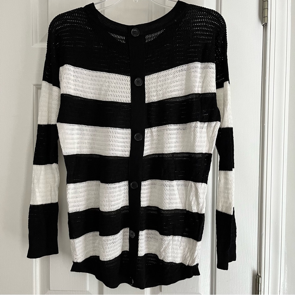 Black White Wide Stripe Loose Knit Sweater Buttons in Back AB Studio Size Large - Picture 4 of 10